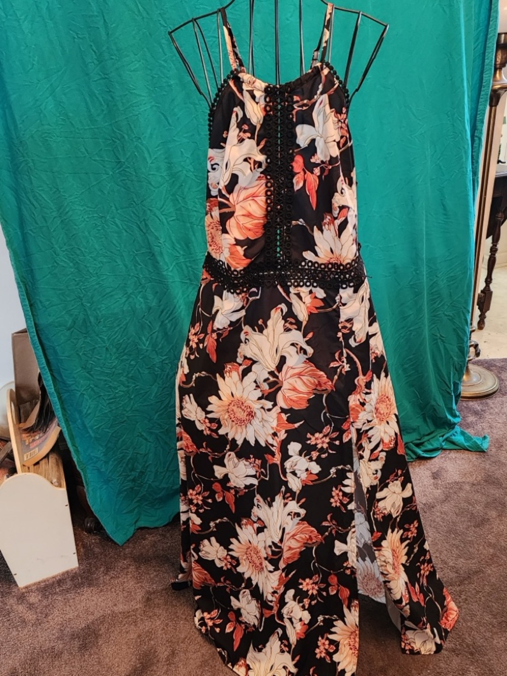Floral Black Maxi Dress with Coral & Cream Blooms
